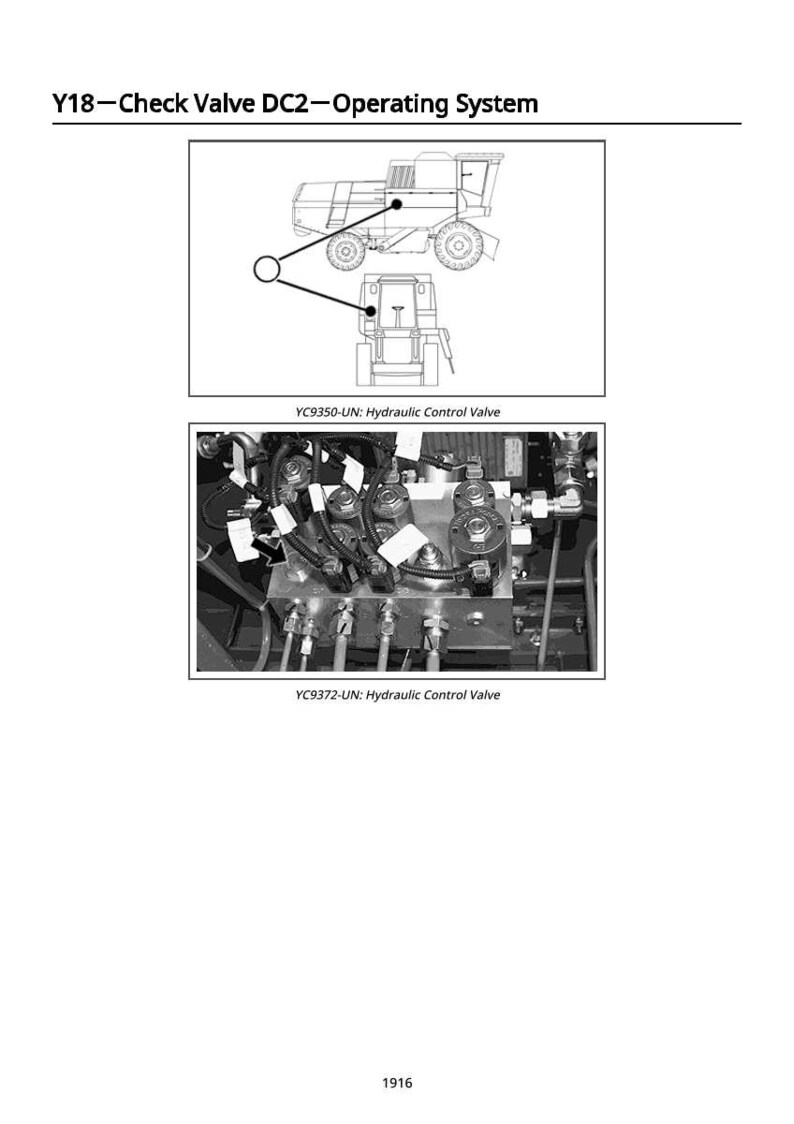 Peut inclure: Sch&eacute;ma d'un syst&egrave;me de vanne de contr&ocirc;le, intitul&eacute; "Y18-Check Valve DC2-Operating System." Il comprend un sch&eacute;ma d'un v&eacute;hicule et une image d&eacute;taill&eacute;e d'une vanne de commande hydraulique, &eacute;tiquet&eacute;e "YC9350-UN" et "YC9372-UN."