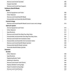 May include: A white page featuring a detailed table of contents, outlining sections and sub-sections concerning heavy machinery maintenance and repair. The text is black and organised with page numbers.