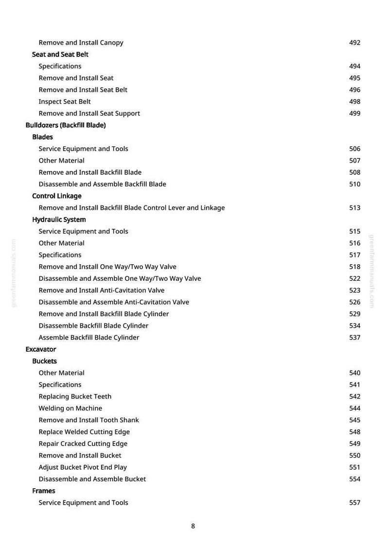 May include: A white page featuring a detailed table of contents, outlining sections and sub-sections concerning heavy machinery maintenance and repair. The text is black and organised with page numbers.