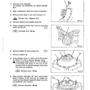 K&ouml;nnte beinhalten: Diagramm zur Demontage einer D&auml;mpferbaugruppe. Anweisungen umfassen das Entfernen der Motorhaube, der Ablassschraube, des &Ouml;lmessstabs, des Kardangelenks, des Halters, des Halterings und der D&auml;mpferabdeckung. Ma&szlig;e in Kilogramm.