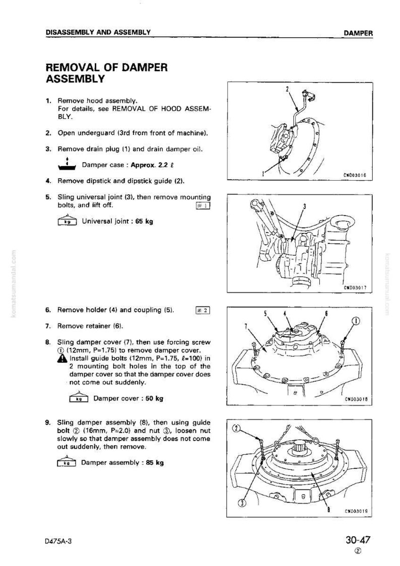 K&ouml;nnte beinhalten: Diagramm zur Demontage einer D&auml;mpferbaugruppe. Anweisungen umfassen das Entfernen der Motorhaube, der Ablassschraube, des &Ouml;lmessstabs, des Kardangelenks, des Halters, des Halterings und der D&auml;mpferabdeckung. Ma&szlig;e in Kilogramm.