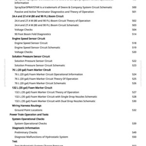 May include: A detailed contents page from a manual, listing circuits and diagnostic information. Topics include engine speed sensors, foam marker circuits, and hydrostatic system tests. The text is in black on a white background.