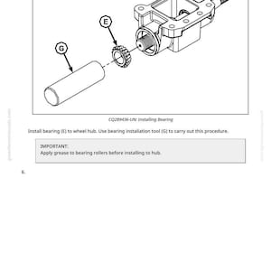 May include: An exploded diagram shows the installation of a bearing (E) into a wheel hub. A bearing installation tool (G) and the hub are also depicted. The text reads "CQ289436-UN: Installing Bearing".