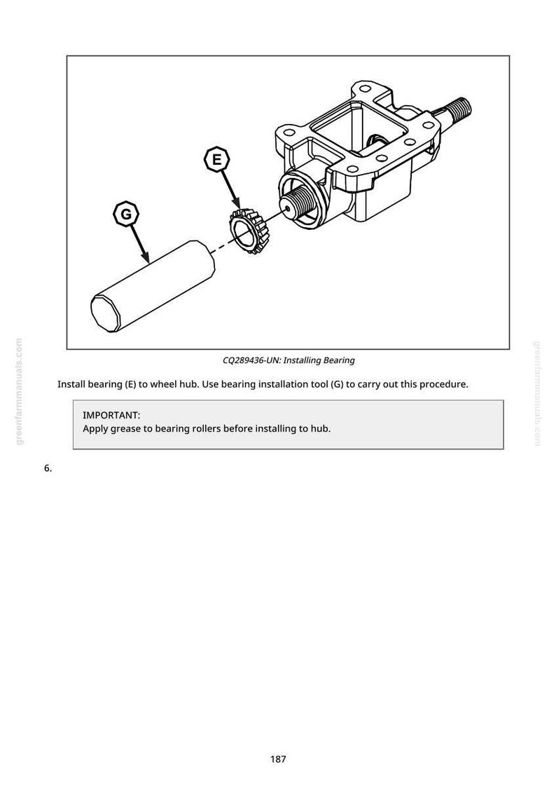 May include: An exploded diagram shows the installation of a bearing (E) into a wheel hub. A bearing installation tool (G) and the hub are also depicted. The text reads "CQ289436-UN: Installing Bearing".