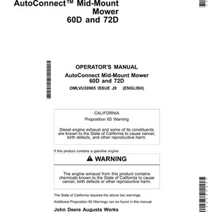 May include: A white manual cover with the text "AutoConnect Mid-Mount Mower 60D and 72D" and "Operator's Manual". Includes a California Proposition 65 warning about diesel engine exhaust and gasoline engine exhaust.
