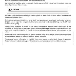May include: A page from a technical manual titled "Foreword". The text provides safety warnings and instructions for technicians. It includes a "CAUTION" symbol and details on the manual's structure and content.