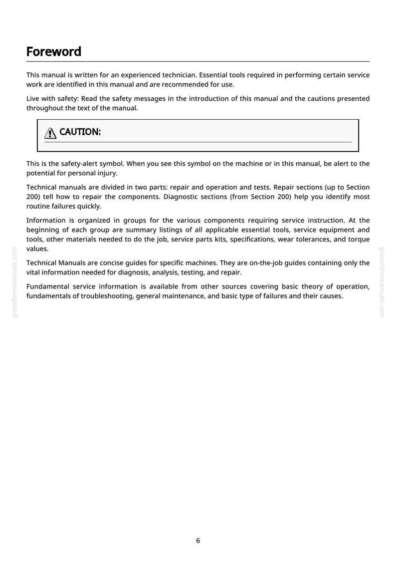 May include: A page from a technical manual titled "Foreword". The text provides safety warnings and instructions for technicians. It includes a "CAUTION" symbol and details on the manual's structure and content.