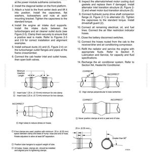 May include: Diagram of air inlet piping connections with instructions. Includes illustrations of correct and incorrect clamp placement, tube insertion, and alignment. Text includes measurements in inches and millimeters for tube insertion.