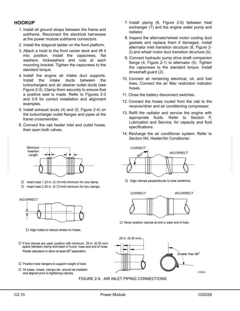 May include: Diagram of air inlet piping connections with instructions. Includes illustrations of correct and incorrect clamp placement, tube insertion, and alignment. Text includes measurements in inches and millimeters for tube insertion.