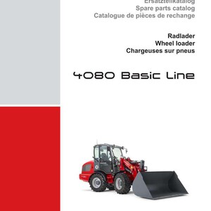 Pu&ograve; includere: Una pala gommata rossa e nera con una grande benna, su sfondo bianco. L'immagine include il testo "4080 Basic Line" e "WEIDEMANN". La pala &egrave; progettata per l'edilizia e la movimentazione dei materiali.