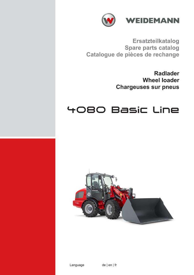 Pu&ograve; includere: Una pala gommata rossa e nera con una grande benna, su sfondo bianco. L'immagine include il testo "4080 Basic Line" e "WEIDEMANN". La pala &egrave; progettata per l'edilizia e la movimentazione dei materiali.