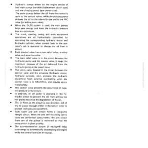 May include: A manual page headed "Hydraulic Piping" detailing the function of hydraulic pumps, valves, and circuits. The text explains how the system works, including safety features and oil flow, under the "Structure and Function" heading.