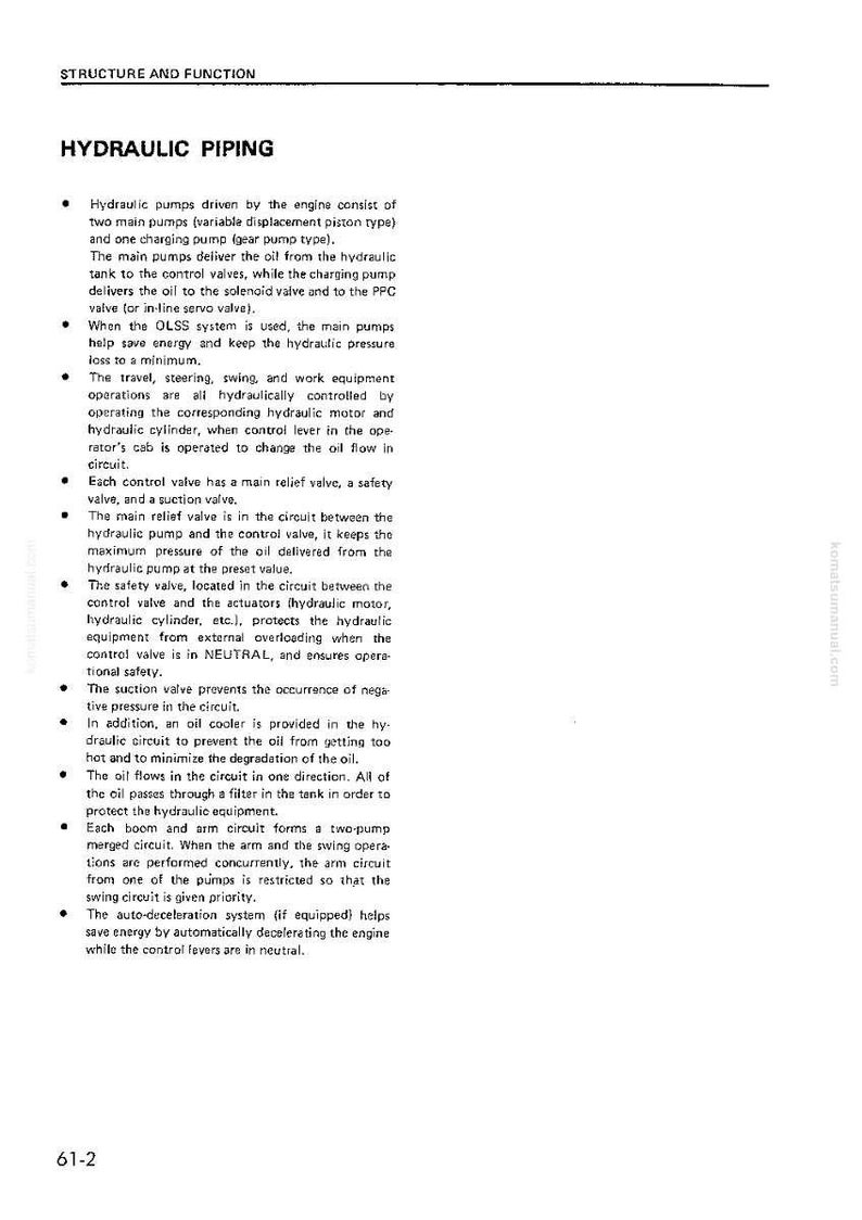 May include: A manual page headed "Hydraulic Piping" detailing the function of hydraulic pumps, valves, and circuits. The text explains how the system works, including safety features and oil flow, under the "Structure and Function" heading.