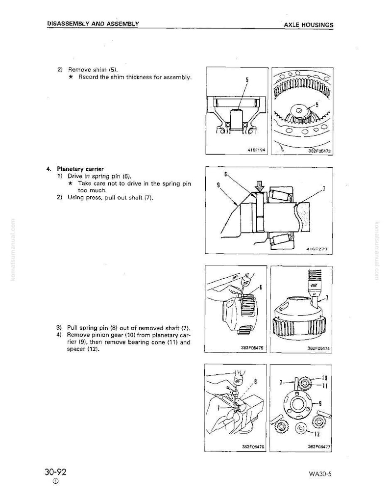 May include: Technical diagram illustrating the disassembly and assembly of axle housings. The image includes detailed drawings of components, numbered for reference, and instructions for each step. The text includes the title "DISASSEMBLY AND ASSEMBLY" and the page number "30-92".