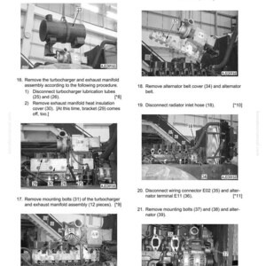 May include: Diagram of engine disassembly and assembly instructions. Includes illustrations of components like the muffler, turbocharger, and exhaust manifold. Text labels identify parts and procedures, with measurements in kilograms.