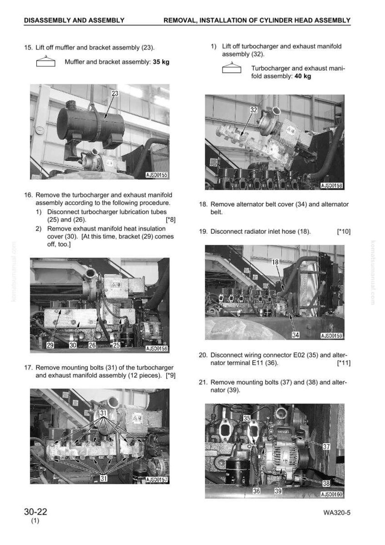 May include: Diagram of engine disassembly and assembly instructions. Includes illustrations of components like the muffler, turbocharger, and exhaust manifold. Text labels identify parts and procedures, with measurements in kilograms.