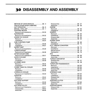 May include: A page from a manual titled "30 DISASSEMBLY AND ASSEMBLY." The text lists various engine components and procedures, including removal, installation, and disassembly instructions. The page is in black and white.