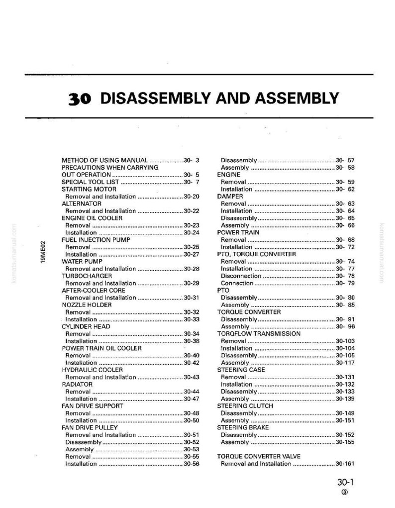 May include: A page from a manual titled "30 DISASSEMBLY AND ASSEMBLY." The text lists various engine components and procedures, including removal, installation, and disassembly instructions. The page is in black and white.
