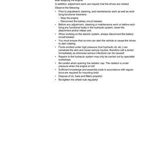 May include: A white page with black text detailing safety instructions and maintenance procedures for machinery. The WEIDEMANN logo is at the top. The text includes warnings about engine maintenance, electrical systems, and hydraulic fluids.
