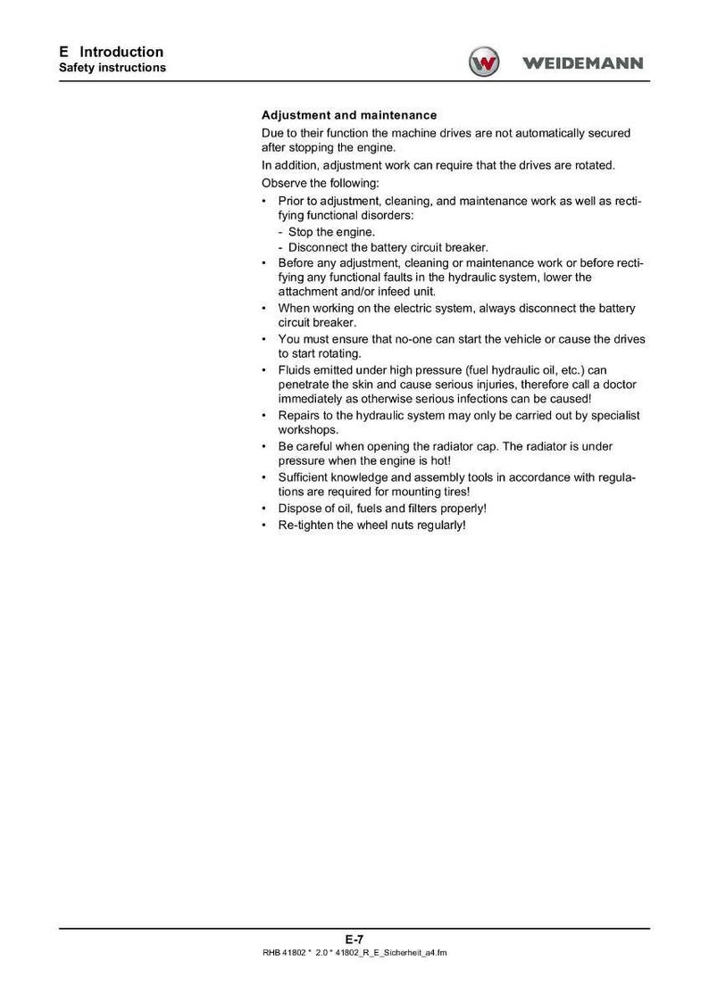 May include: A white page with black text detailing safety instructions and maintenance procedures for machinery. The WEIDEMANN logo is at the top. The text includes warnings about engine maintenance, electrical systems, and hydraulic fluids.