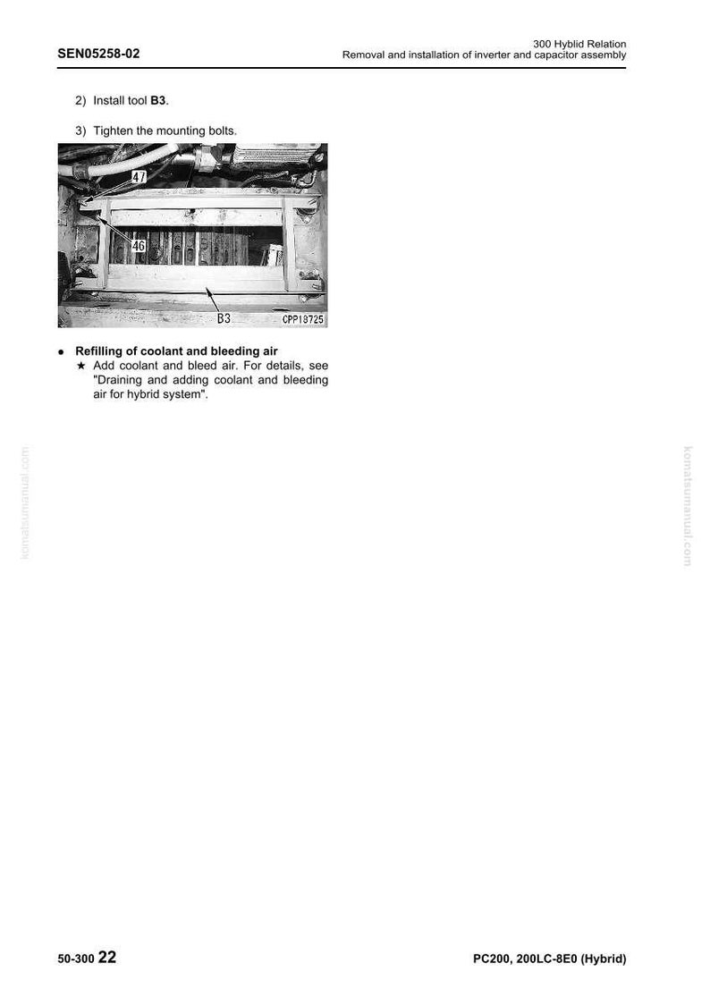 May include: Diagram from a manual showing the removal and installation of an inverter and capacitor assembly. The image includes a detailed view of a component with labels and instructions, including tool B3 and tightening bolts.