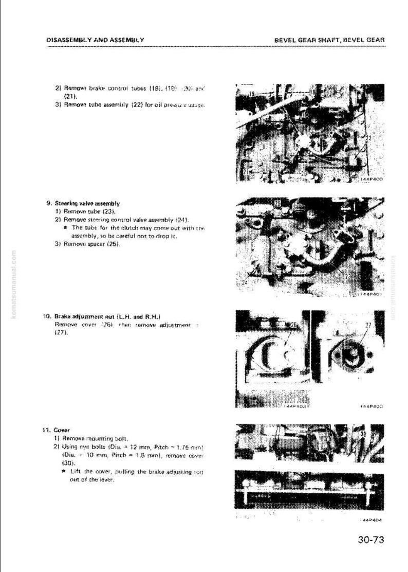 May include: A black and white technical diagram from a manual, detailing the disassembly and assembly of a bevel gear shaft. The diagram includes various components, such as tubes, valves, and nuts, with labels and instructions.