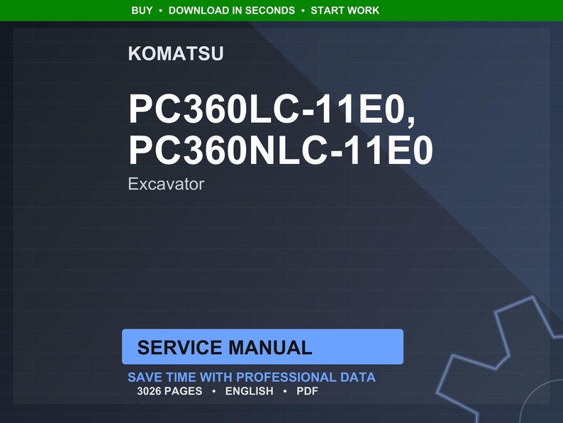 以下が含まれることがあります： コマツのロゴと「PC360LC-11E0、PC360NLC-11E0 Excavator」のテキストが入った濃い青色のデジタルドキュメントカバー。「Service Manual」とラベル付けされ、ページ数、言語、ファイルタイプに関する詳細が含まれています。