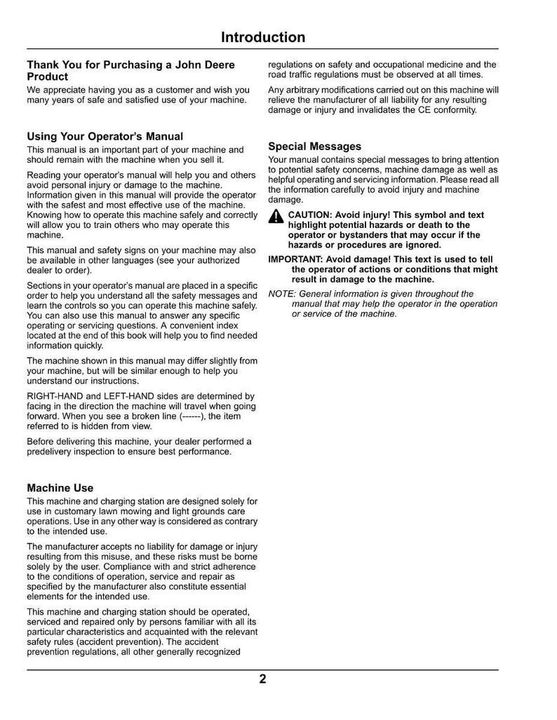 Op de afbeelding: Een pagina uit de John Deere gebruikershandleiding, met de titel "Inleiding". De tekst behandelt veiligheid, machinebediening en speciale berichten. De handleiding bevat waarschuwingen en belangrijke opmerkingen.