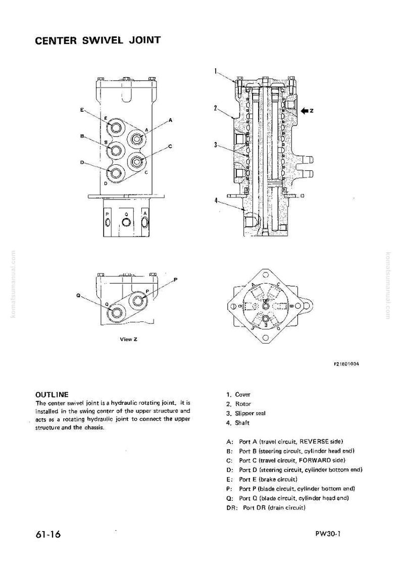 K&ouml;nnte beinhalten: Diagramm eines zentralen Drehgelenks, einer hydraulischen Drehkomponente. Das Bild enth&auml;lt mehrere Ansichten, die die interne Struktur des Gelenks und verschiedene mit A bis Q beschriftete Anschl&uuml;sse zeigen. Text bietet einen &Uuml;berblick und Komponentendetails.