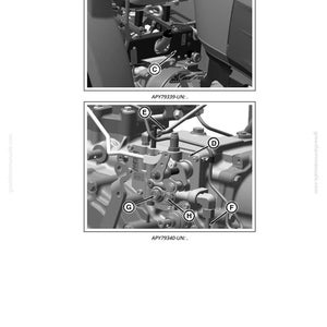 Puede incluir: Dos im&aacute;genes en escala de grises de componentes del motor de un tractor. La imagen superior muestra una palanca y varias piezas etiquetadas como "C". La imagen inferior muestra m&aacute;s detalles del motor con las etiquetas "D", "E", "F", "G" y "H".