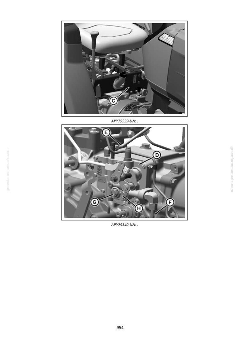 Puede incluir: Dos im&aacute;genes en escala de grises de componentes del motor de un tractor. La imagen superior muestra una palanca y varias piezas etiquetadas como "C". La imagen inferior muestra m&aacute;s detalles del motor con las etiquetas "D", "E", "F", "G" y "H".