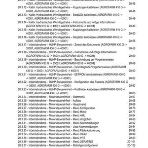 May include: A detailed table of contents from a manual, likely for a tractor or agricultural machinery. The text is in German and lists various operational and maintenance topics, including calibration and configuration settings.