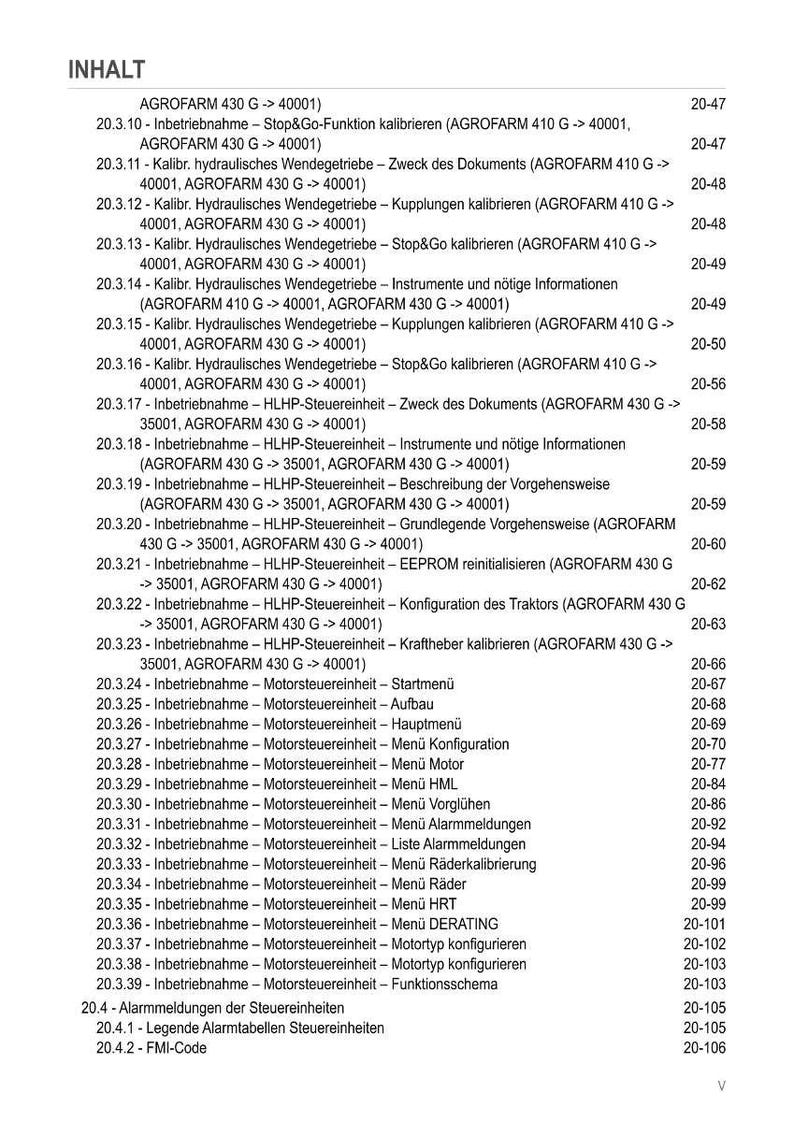May include: A detailed table of contents from a manual, likely for a tractor or agricultural machinery. The text is in German and lists various operational and maintenance topics, including calibration and configuration settings.