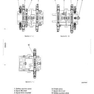 May include: Technical diagram of hydraulic components, including safety-suction valves, spools, and check valves. The diagram is labeled with numbered parts and section views, providing detailed schematics for mechanical systems.