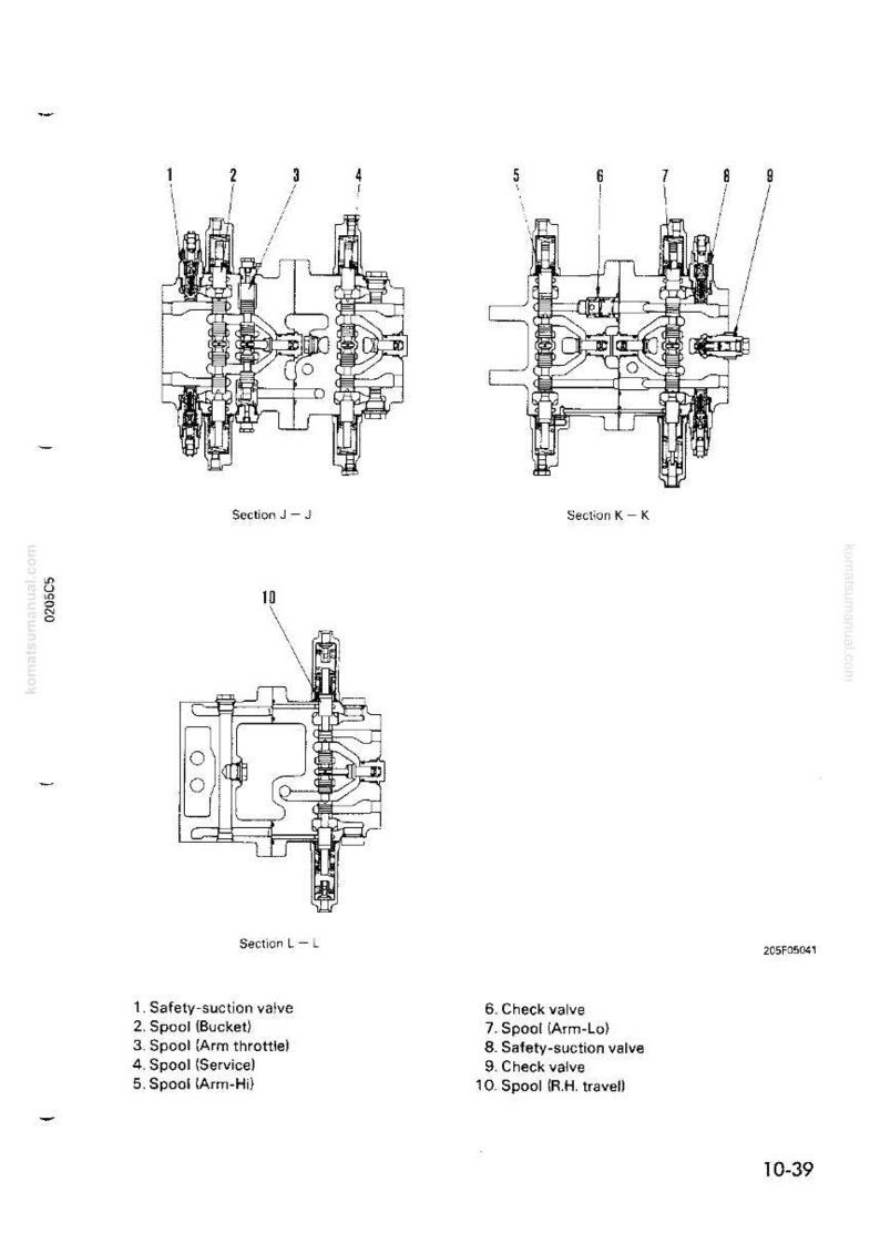 May include: Technical diagram of hydraulic components, including safety-suction valves, spools, and check valves. The diagram is labeled with numbered parts and section views, providing detailed schematics for mechanical systems.
