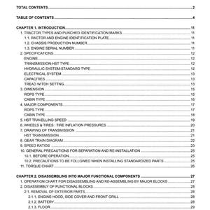 May include: A detailed table of contents from a manual, with a black header and white text. The document lists chapters on tractor types, engine specifications, and disassembly procedures. The document is for a tractor.