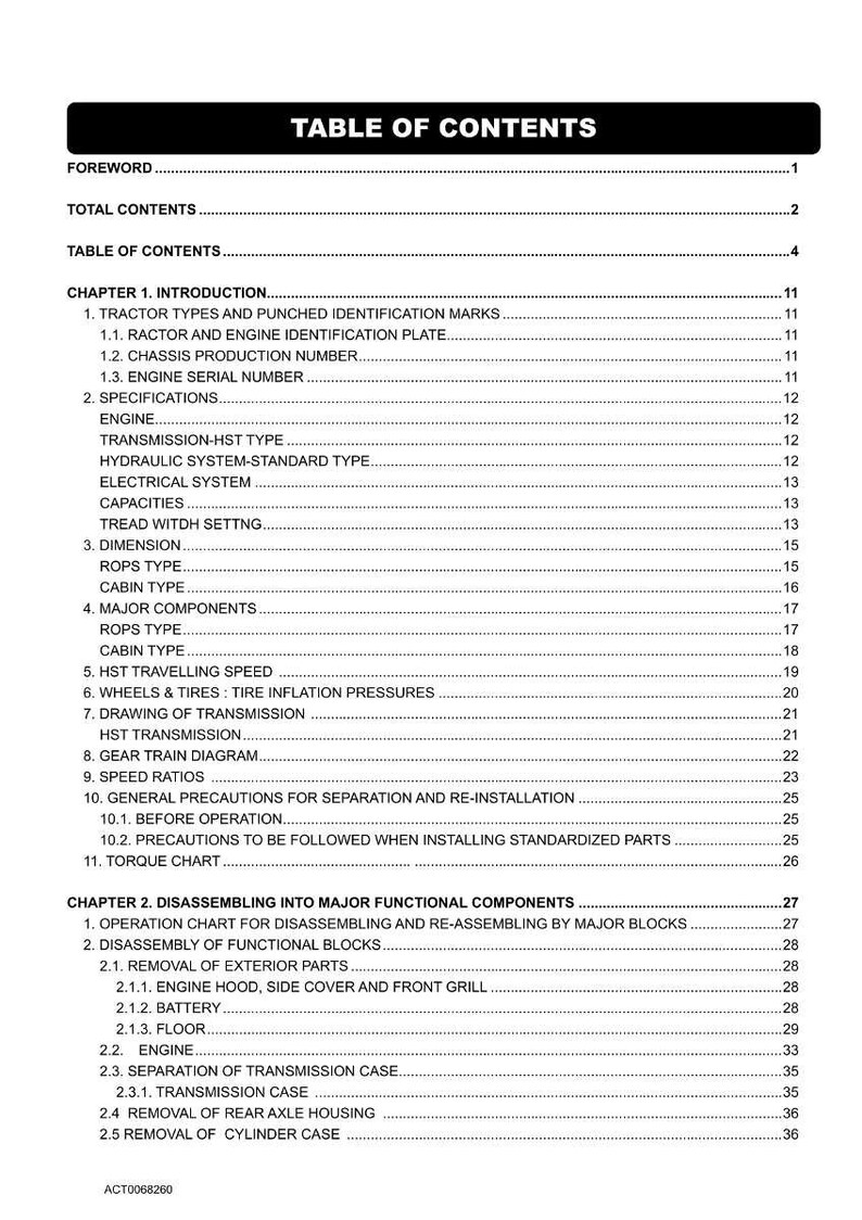 May include: A detailed table of contents from a manual, with a black header and white text. The document lists chapters on tractor types, engine specifications, and disassembly procedures. The document is for a tractor.