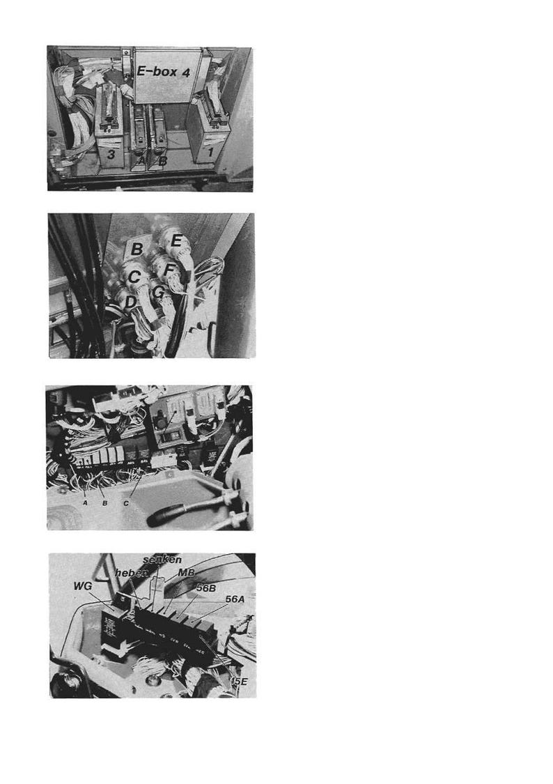 May include: Black and white images of electrical components, including wiring, relays, and connectors. The images show various views of the components, with labels such as "E-box 4", "3", "1", and letters like "B", "E", "F", "G", and "D".