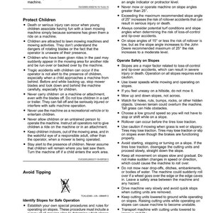 Pode incluir: Uma p&aacute;gina de um manual de seguran&ccedil;a com texto e diagramas. Fornece diretrizes de seguran&ccedil;a para operar uma m&aacute;quina de cortar relva, incluindo avisos sobre crian&ccedil;as, opera&ccedil;&atilde;o em encostas e evitar tombamento. A p&aacute;gina est&aacute; numerada 11.
