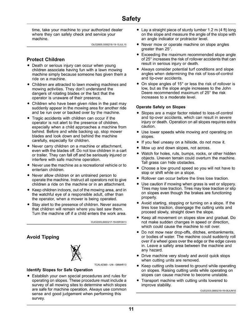 Pode incluir: Uma p&aacute;gina de um manual de seguran&ccedil;a com texto e diagramas. Fornece diretrizes de seguran&ccedil;a para operar uma m&aacute;quina de cortar relva, incluindo avisos sobre crian&ccedil;as, opera&ccedil;&atilde;o em encostas e evitar tombamento. A p&aacute;gina est&aacute; numerada 11.