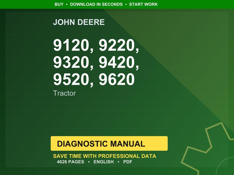Op de afbeelding: Groene achtergrond met het John Deere-logo en de tractormodelnummers: 9120, 9220, 9320, 9420, 9520 en 9620. De tekst "DIAGNOSTIC MANUAL" staat in een gele rechthoek, met details over de handleiding.