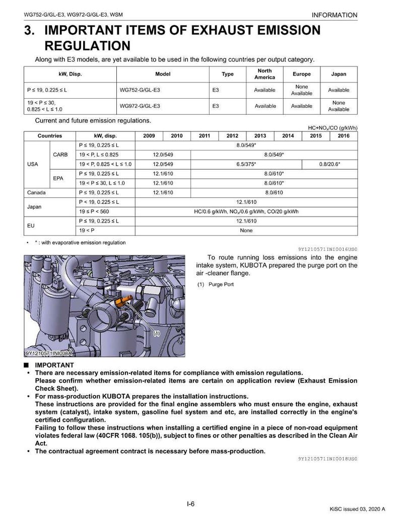 May include: A technical document titled "Important Items of Exhaust Emission Regulation" with tables detailing emission regulations for different countries, engine models, and kW/disp. An engine component diagram is also included.