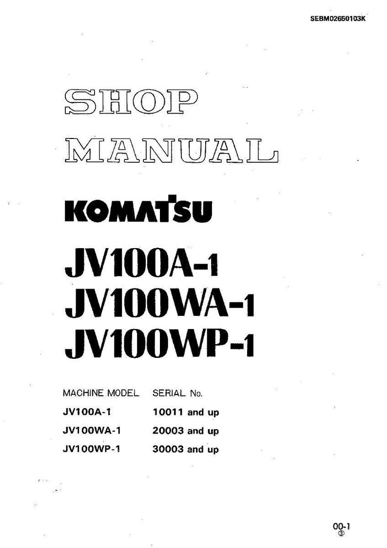 Op de afbeelding: Een witte werkplaatshandleiding met de tekst "SHOP MANUAL" bovenaan. Het Komatsu-logo staat hieronder, gevolgd door modelnummers JV100A-1, JV100WA-1 en JV100WP-1. Machine model en serienummer informatie staan hieronder.