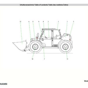 May include: Line drawing of a Weidemann T5006 D81 telehandler, a type of construction equipment. The image is a technical illustration with numbered parts and labels. The machine has a front bucket, wheels, and a cab.