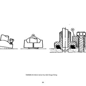 Op de afbeelding: Lijntekening van een metrische serie vier-boutflensfitting. De afbeelding toont drie verschillende aanzichten van de fitting, gelabeld A, B, C en D. De fitting wordt gebruikt om pijpen of andere componenten te verbinden.