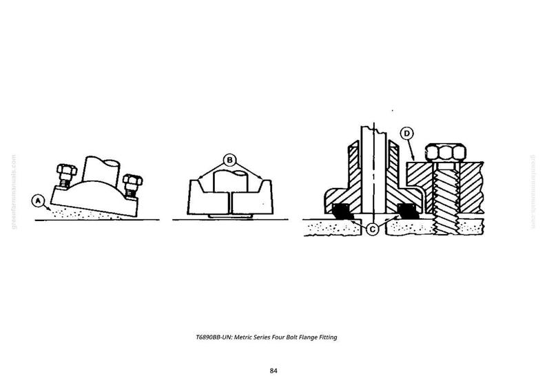 Op de afbeelding: Lijntekening van een metrische serie vier-boutflensfitting. De afbeelding toont drie verschillende aanzichten van de fitting, gelabeld A, B, C en D. De fitting wordt gebruikt om pijpen of andere componenten te verbinden.
