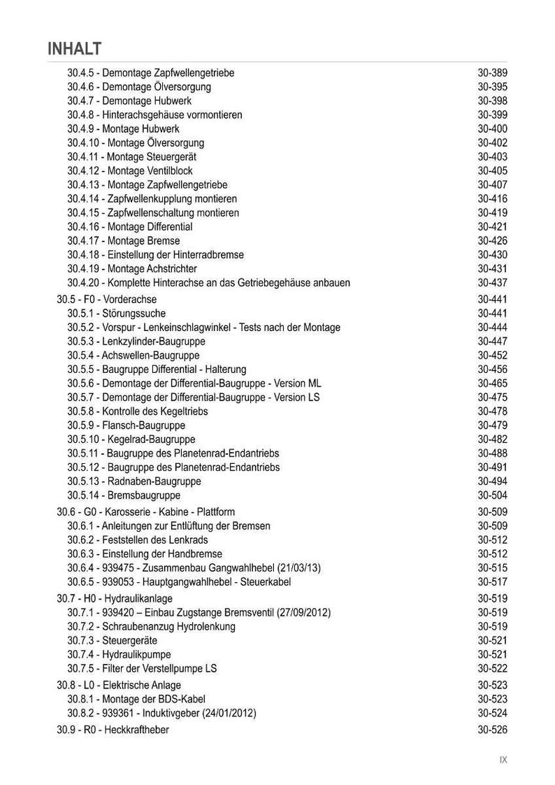May include: A detailed table of contents in German, listing various automotive repair procedures and part installations. The document includes sections on axles, brakes, and electrical systems, with page numbers for easy reference.