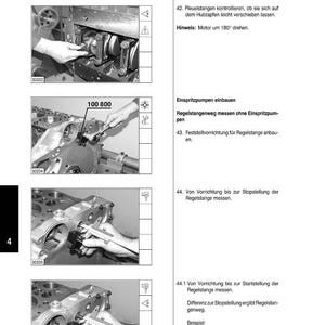 K&ouml;nnte beinhalten: Eine Seite aus einem Werkstatthandbuch mit Anweisungen zur Demontage und Montage eines Motors. Das Handbuch enth&auml;lt deutsche Texte und Diagramme mit Millimeter-Messungen, die Motorbauteile und Verfahren veranschaulichen.