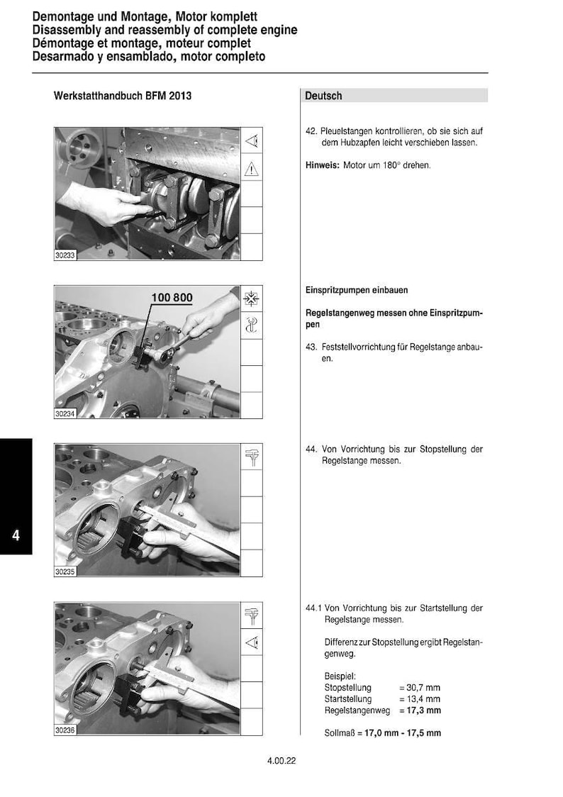 K&ouml;nnte beinhalten: Eine Seite aus einem Werkstatthandbuch mit Anweisungen zur Demontage und Montage eines Motors. Das Handbuch enth&auml;lt deutsche Texte und Diagramme mit Millimeter-Messungen, die Motorbauteile und Verfahren veranschaulichen.