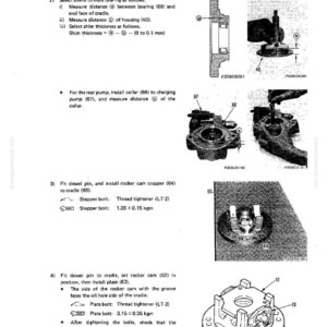 May include: Diagram from a manual showing the disassembly and assembly of a main pump. The image includes detailed illustrations of various components, including rocker cams, stoppers, and plates, with measurements and instructions for assembly.